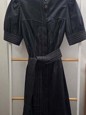 Twin-Set Navy Pinstripe Belted Midi Dress